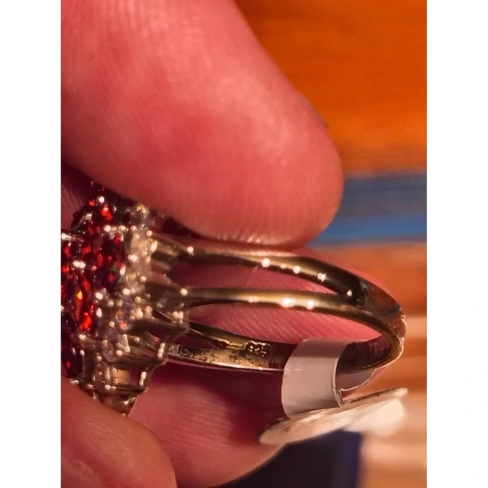 925 Sterling Silver Red Cluster Cocktail Ring Clear Halo Split Shank Size 9 NWT